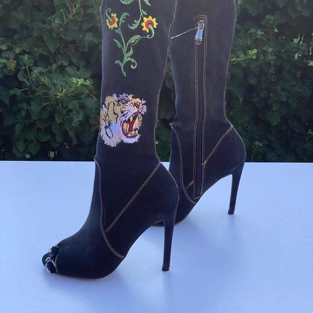 Edgy Indie Sleaze Black Denim Over The Knee Boots Tiger Floral Embroidered - 6M